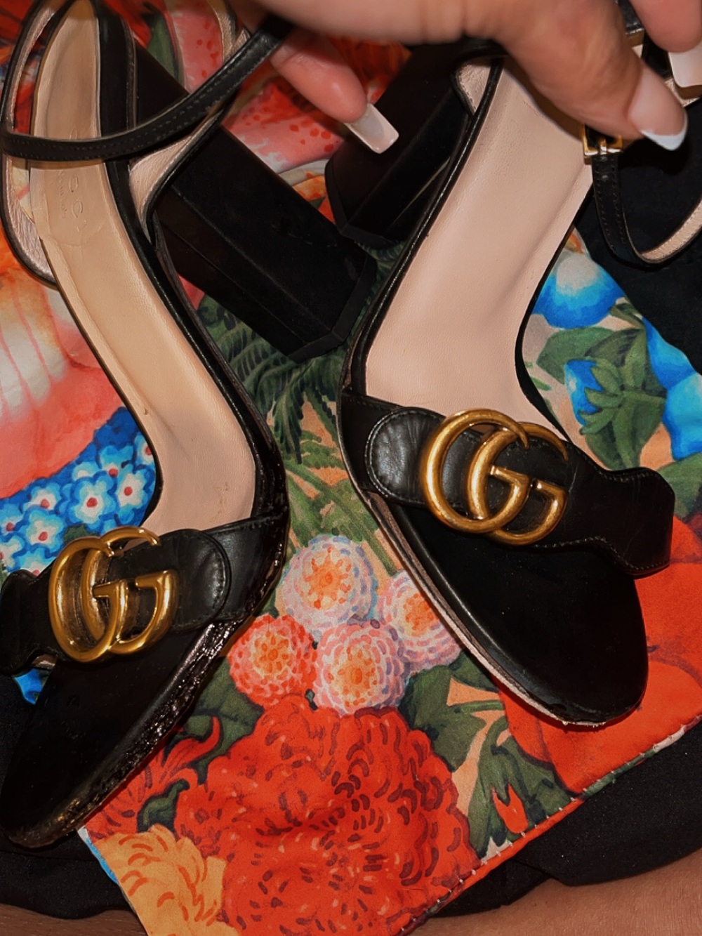 Gucci Black Leather Block Heel Sandals with Gold Double G Accent
